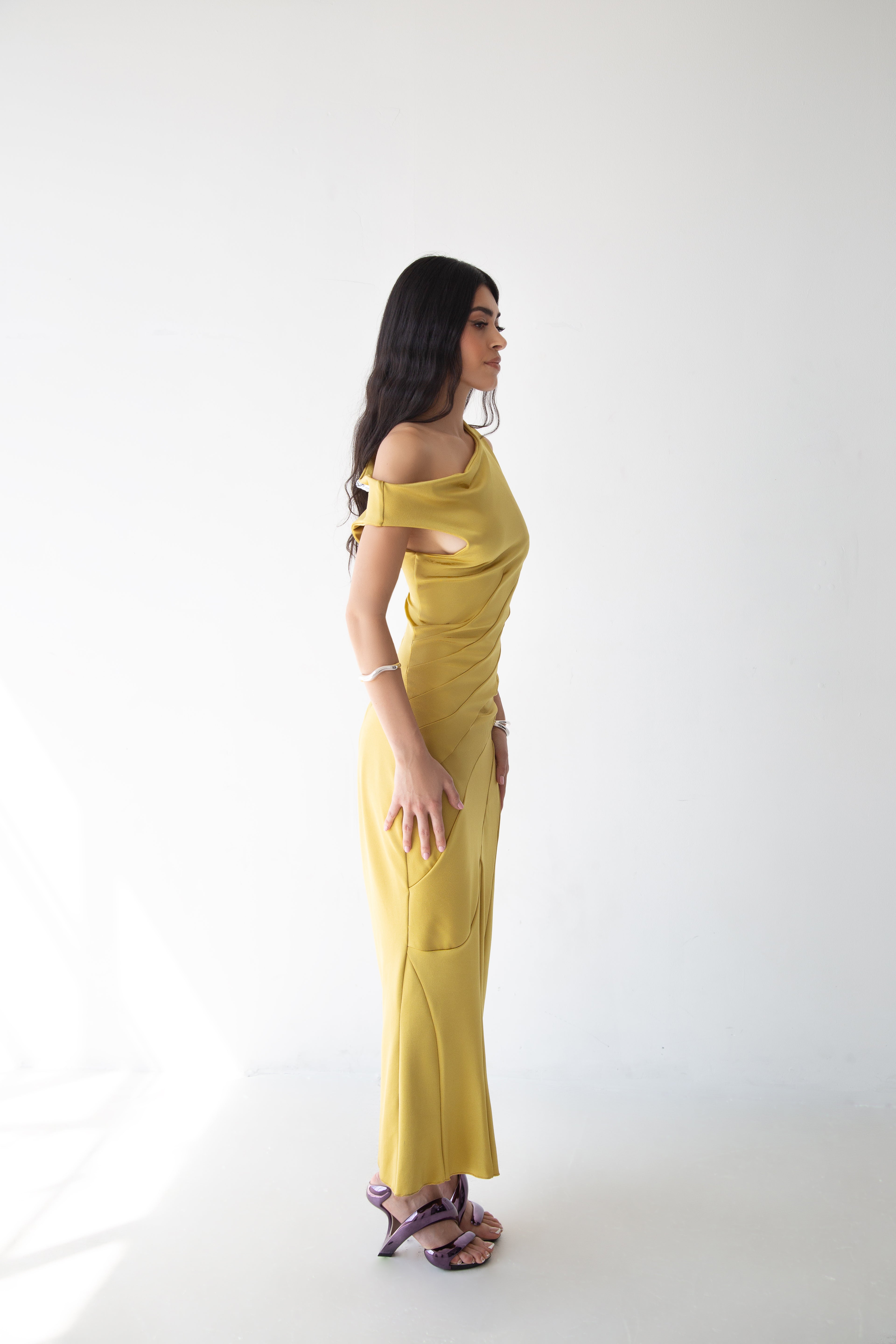 MUSTARD GREEN SEAMS DRESS
